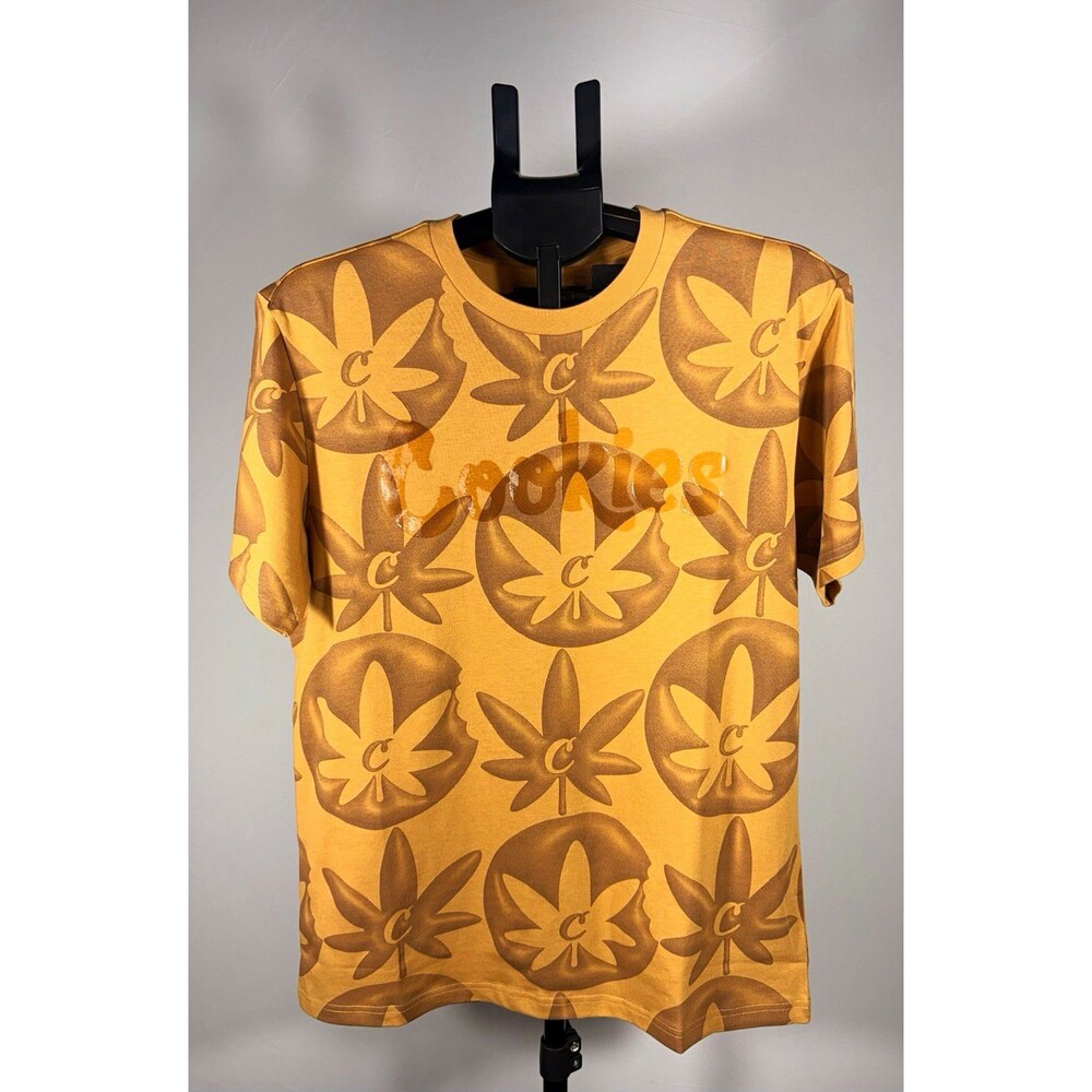 NWT Cookies Mens S Tan/Brown Cotton Knit Allover Logo Graphic Crew Neck T-Shirt